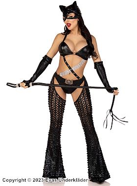 Catwoman, costume top and pants, crossing straps, cut out, rings